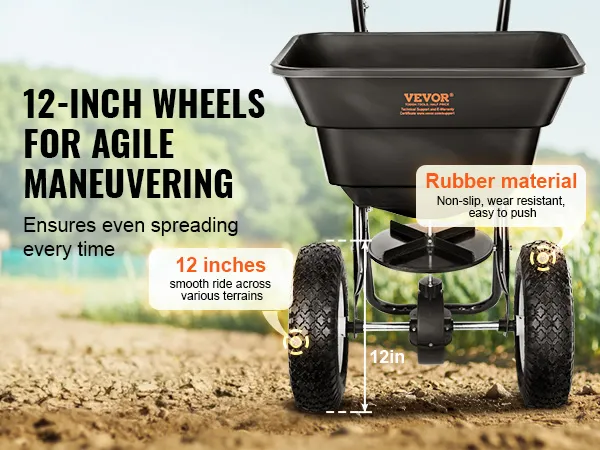 VEVOR-Streuwagen mit 12-Zoll-Gummirädern für sanftes, gleichmäßiges Streuen auf unterschiedlichem Gelände.