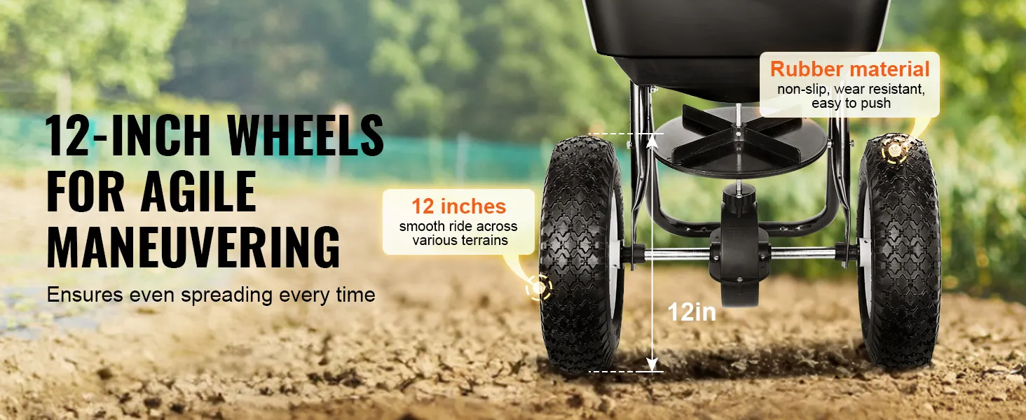 VEVOR-Streuwagen mit 12-Zoll-Gummirädern für sanftes, gleichmäßiges Streuen auf unterschiedlichem Gelände.