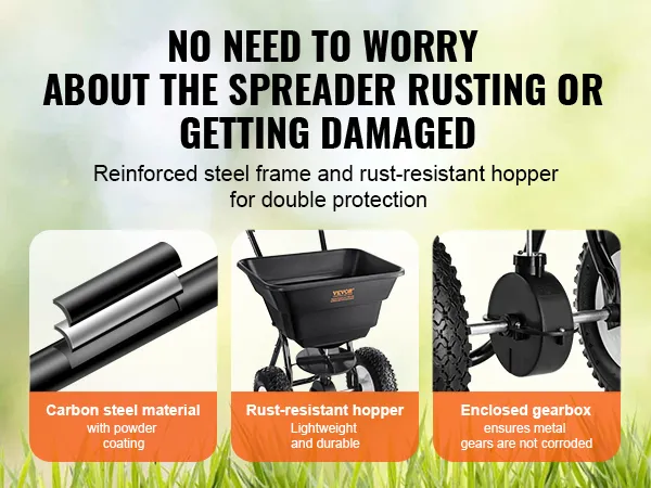 VEVOR-Streuwagen mit Rahmen aus Kohlenstoffstahl, rostbeständigem Trichter und gekapseltem Getriebe für Langlebigkeit.