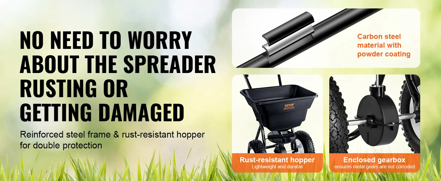 VEVOR-Streuwagen mit Rahmen aus Kohlenstoffstahl, rostbeständigem Trichter und gekapseltem Getriebe für Langlebigkeit.