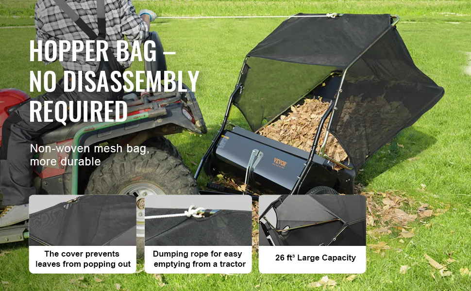 44-Inch Tow-Behind Lawn Sweeper With Adjustable Height - Large 25 Cu Ft Capacity Leaf & Grass Collector, Heavy Duty Yard Sweeper With Dumping Rope & Rubber Wheels