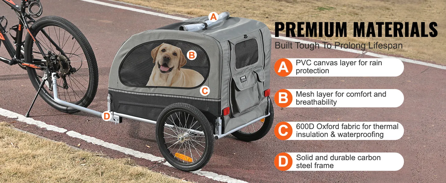 Rimorchio da bici per cani VEVOR con tela in PVC, rete traspirante, tessuto Oxford e telaio in acciaio al carbonio.