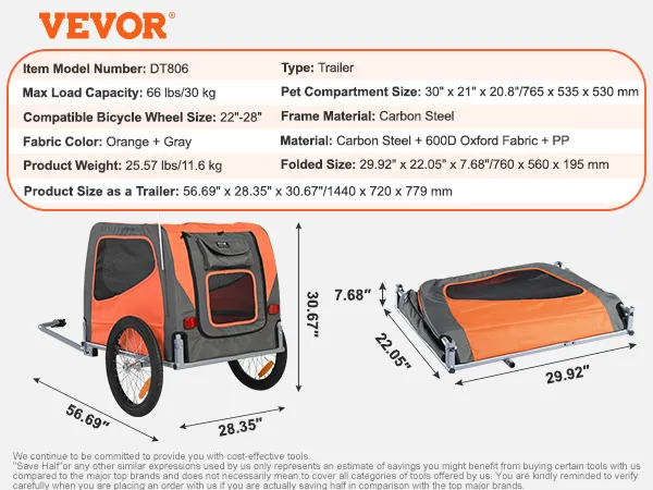 Spezifikationen für den VEVOR-Hundefahrradanhänger: Orange und Grau mit Metallrahmen, 30 x 21 Zoll großes Haustierfach.