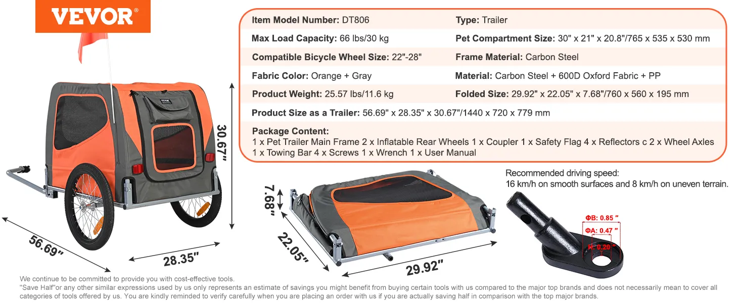 Spezifikationen für den VEVOR-Hundefahrradanhänger: Orange und Grau mit Metallrahmen, 30 x 21 Zoll großes Haustierfach.