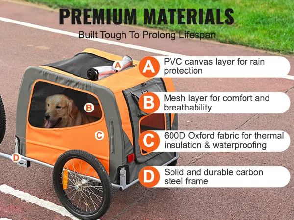 VEVOR Hundefahrradanhänger mit Regenschutz, atmungsaktivem Netz, Wärmeisolierung und Stahlrahmen.