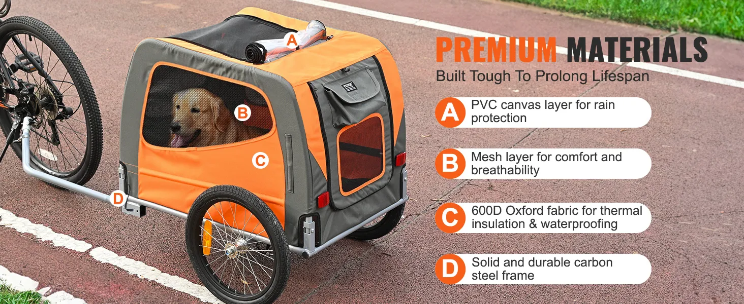 VEVOR Hundefahrradanhänger mit Regenschutz, atmungsaktivem Netz, Wärmeisolierung und Stahlrahmen.