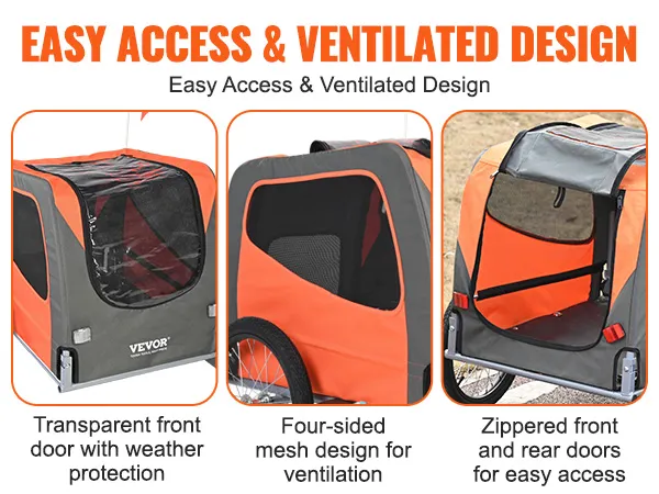 VEVOR-Fahrradanhänger für Hunde mit Netzseiten, Türen mit Reißverschluss und wettergeschützter Vordertür.