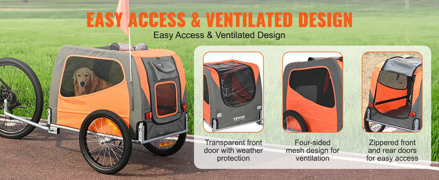 VEVOR-Fahrradanhänger für Hunde mit Netzseiten, Türen mit Reißverschluss und wettergeschützter Vordertür.