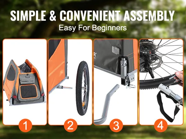 Einfache Montageschritte für den VEVOR-Hundefahrradanhänger: Rahmen öffnen, Räder anbringen, Flagge befestigen und am Fahrrad einhaken.