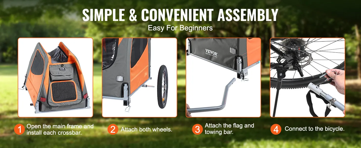 Einfache Montageschritte für den VEVOR-Hundefahrradanhänger: Rahmen öffnen, Räder anbringen, Flagge befestigen und am Fahrrad einhaken.