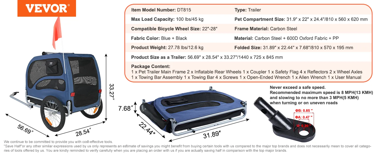 VEVOR dog bike trailer with safety flag and dual inflatable wheels, blue and black, foldable for storage.