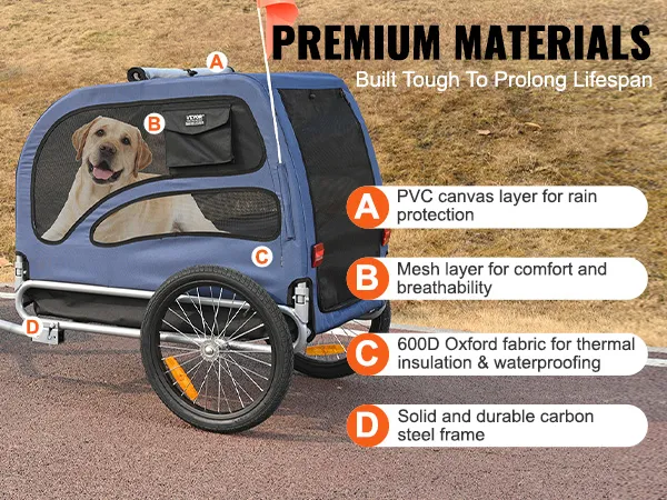 VEVOR dog bike trailer with blue pvc canvas, mesh windows, oxford fabric, and carbon steel frame.