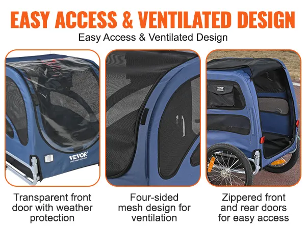 VEVOR dog bike trailer with mesh design, transparent front door, and zippered rear doors for easy access.