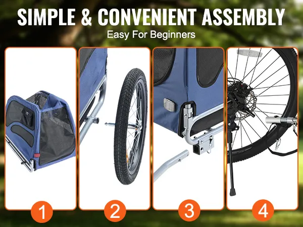 simple assembly guide for the blue VEVOR dog bike trailer with step-by-step instructions.