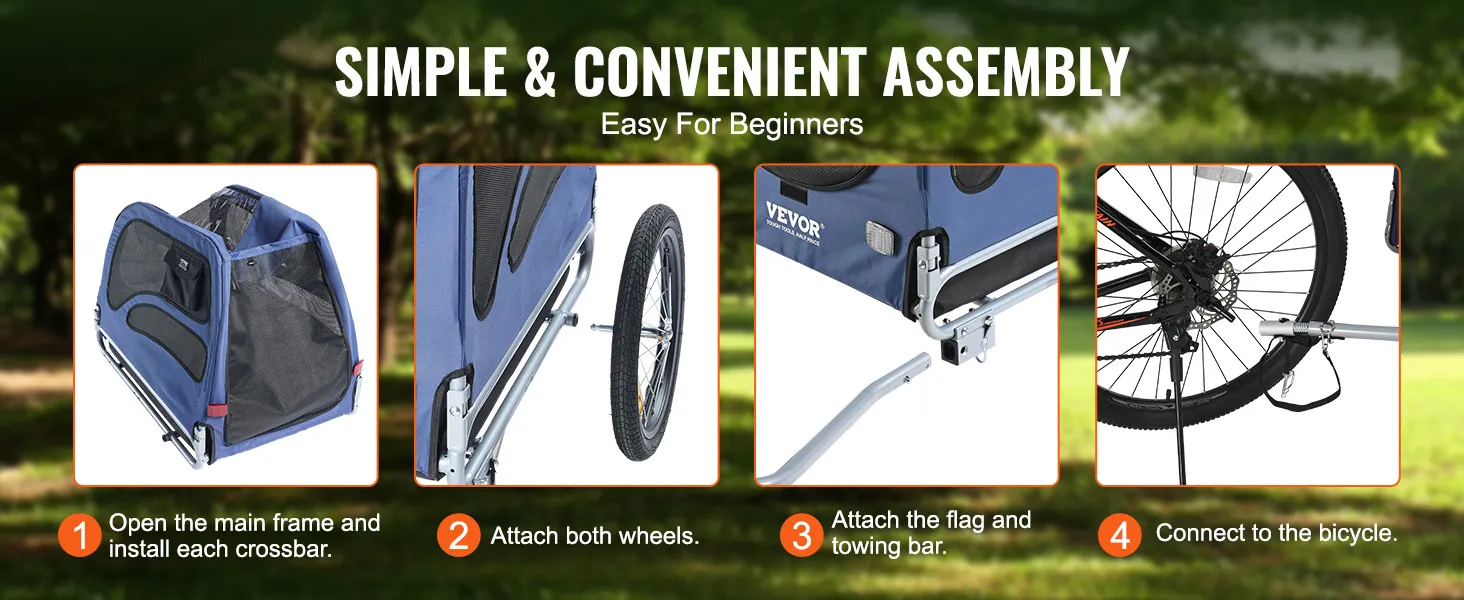 simple assembly guide for the blue VEVOR dog bike trailer with step-by-step instructions.