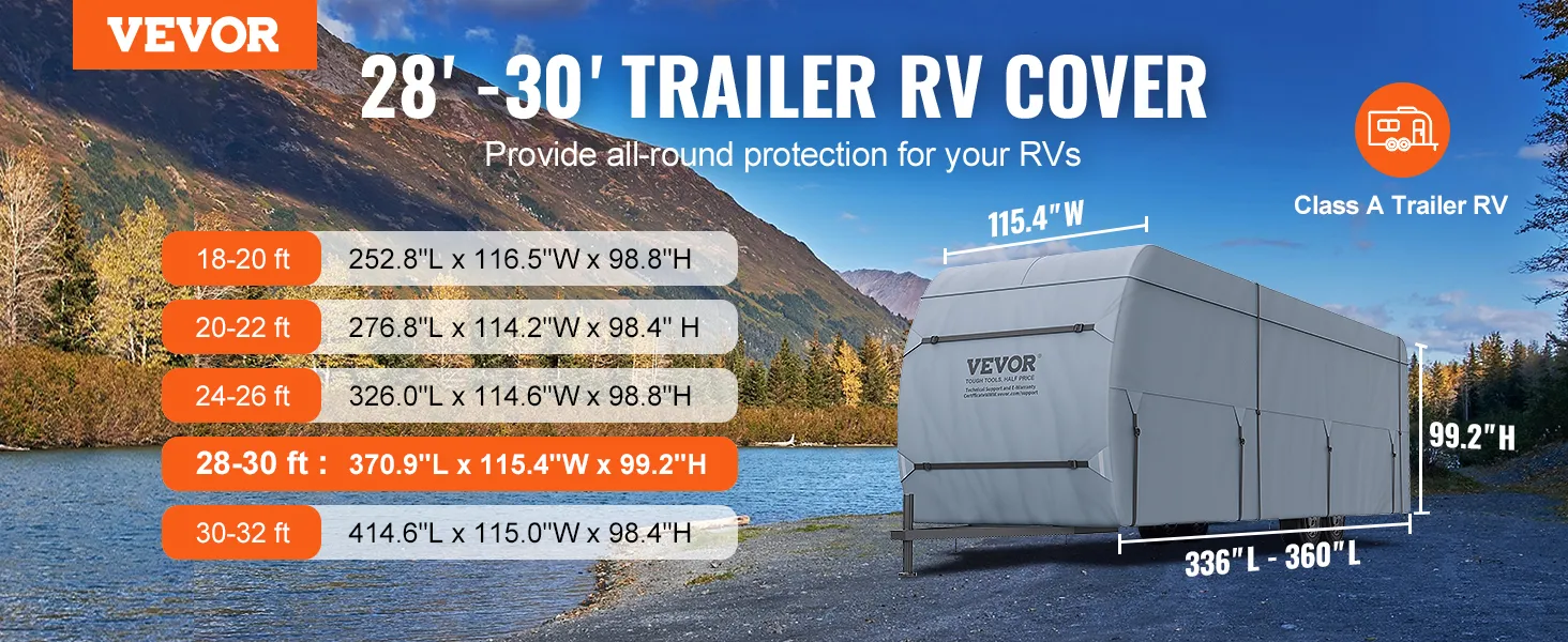 VEVOR rv cover dimensions for 28-30 ft trailer offering all-round protection against natural elements.