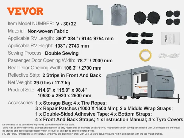Funda para RV VEVOR con tela no tejida, doble costura, parches de reparación, correas, cubiertas para neumáticos y cuerdas.