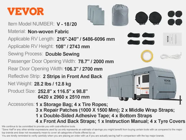 VEVOR travel trailer cover dimensions, accessories, and specifications on display with cover image.