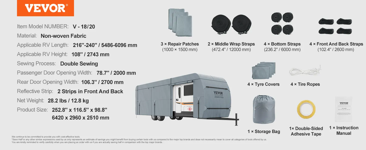 VEVOR travel trailer cover dimensions, accessories, and specifications on display with cover image.