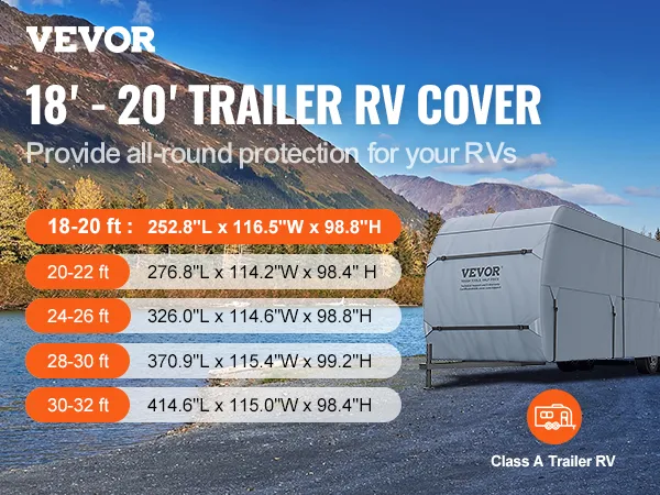 VEVOR travel trailer cover for 18-32 ft rvs with size details and scenic mountain background.