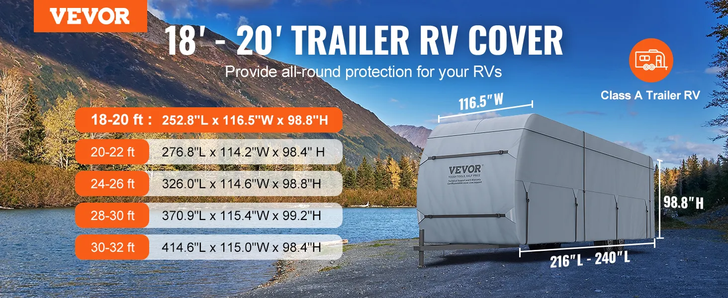 VEVOR travel trailer cover for 18-32 ft rvs with size details and scenic mountain background.
