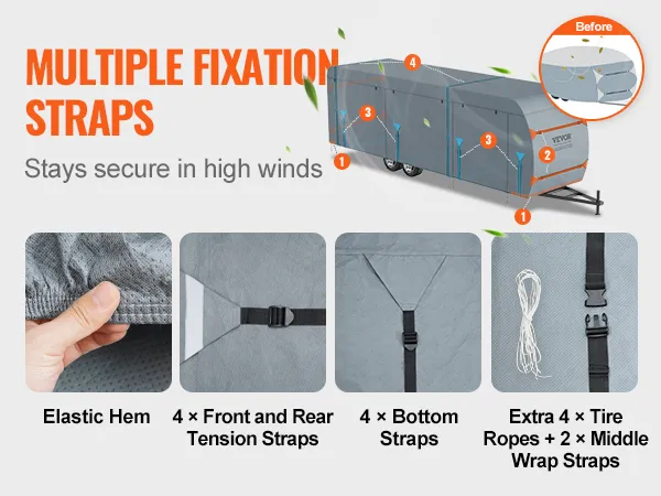 VEVOR travel trailer cover with elastic hem, tension straps, bottom straps, tire ropes, and wrap straps.