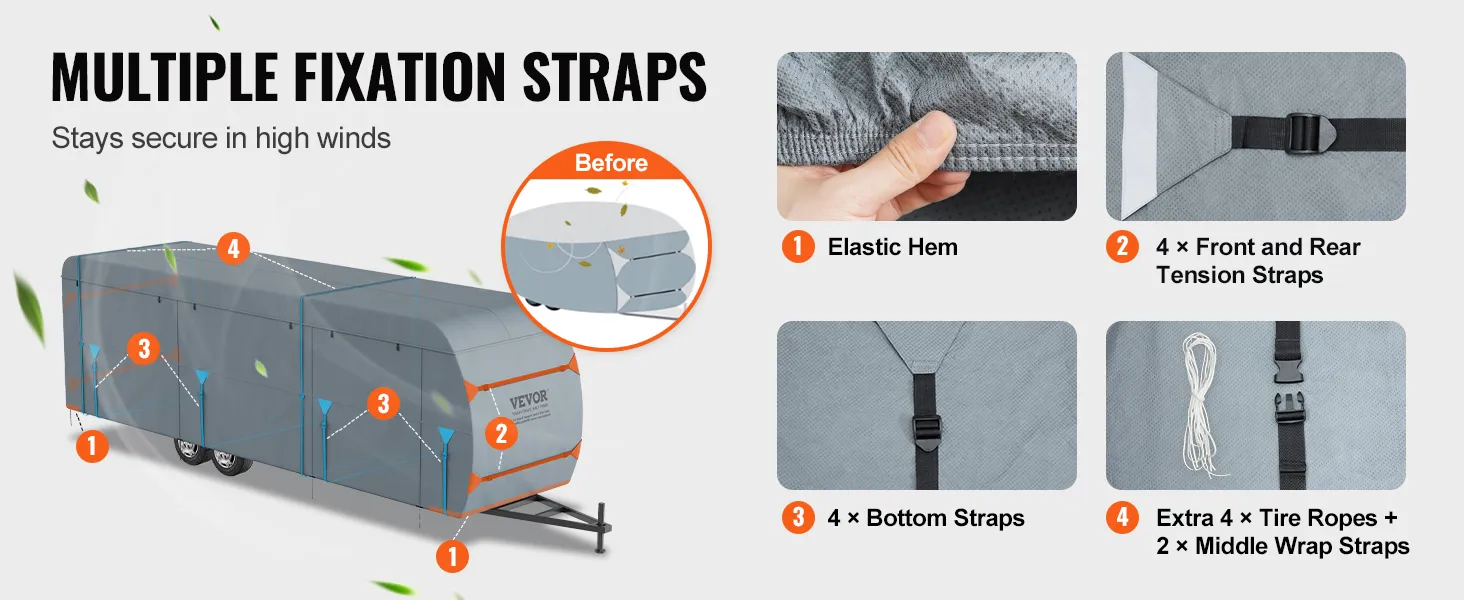 VEVOR travel trailer cover with elastic hem, tension straps, bottom straps, tire ropes, and wrap straps.