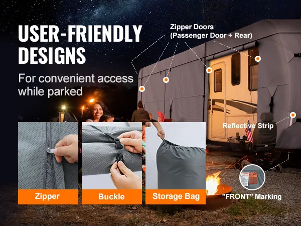 VEVOR travel trailer cover features zippers, buckles, storage bag, reflective strip, and front marking.