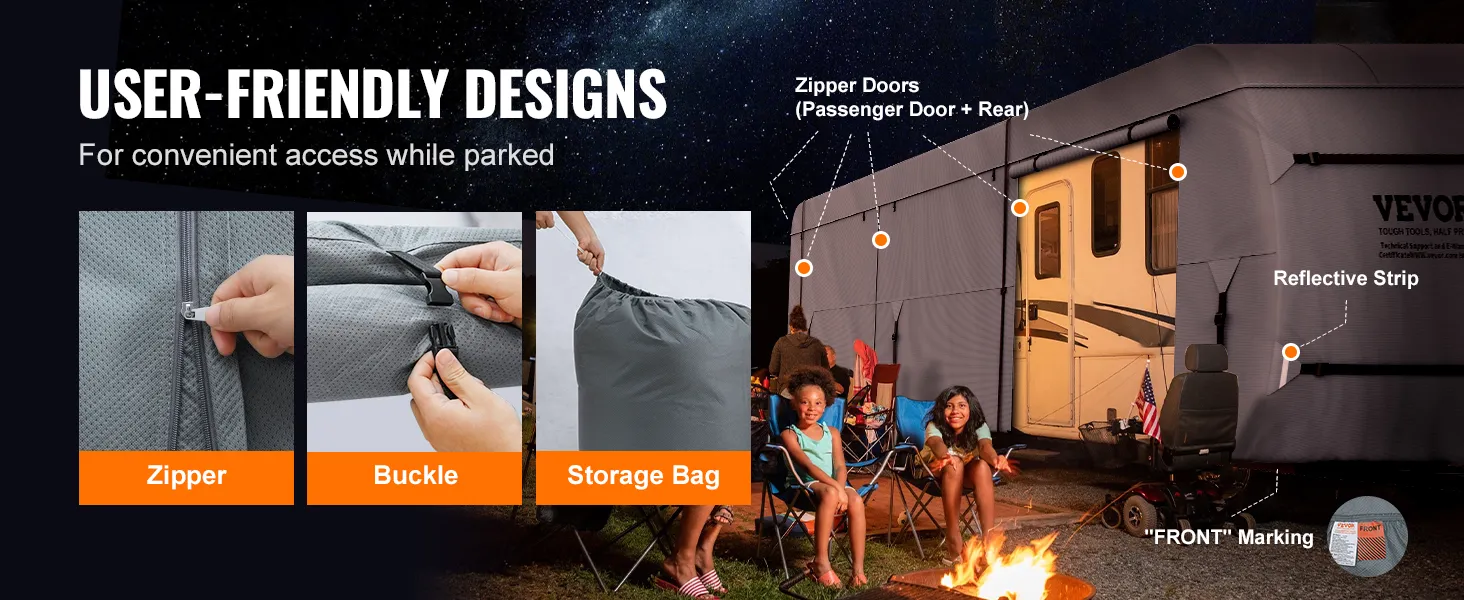 VEVOR travel trailer cover features zippers, buckles, storage bag, reflective strip, and front marking.