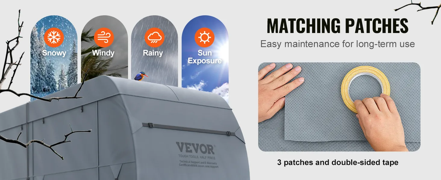 VEVOR travel trailer cover for all weather protection with matching patches for easy maintenance.
