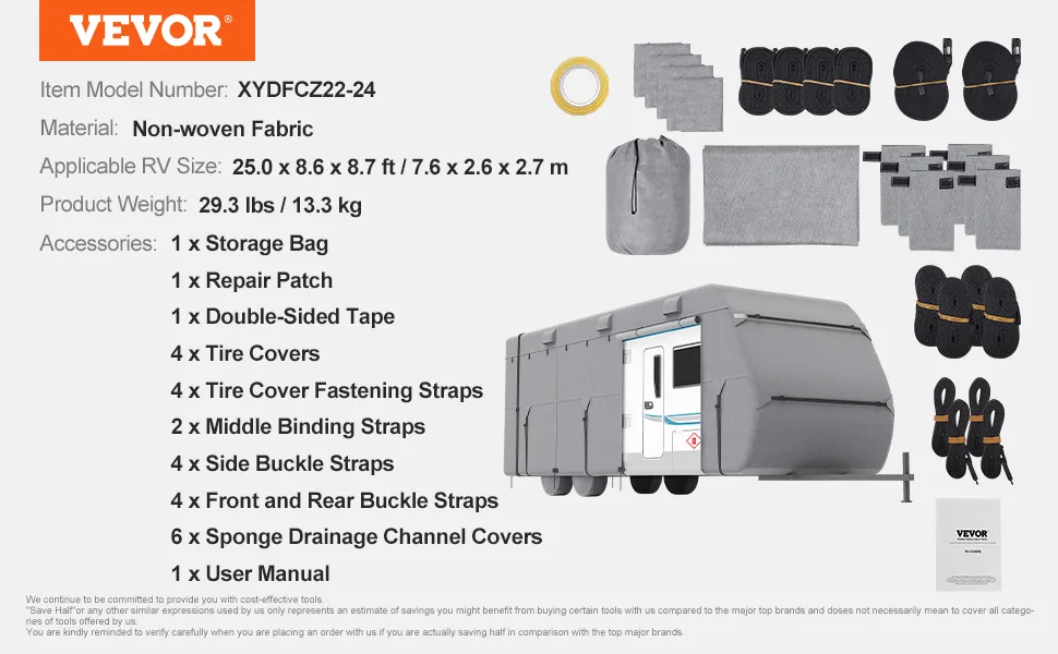 VEVOR Trailer Travel RV Cover 22-24 ft Class A Camper Cover Non-Woven Fabric