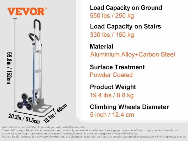 Carro sube escaleras VEVOR, aleación de aluminio más acero al carbono, capacidad de carga 550 libras en suelo, 330 libras en escaleras.