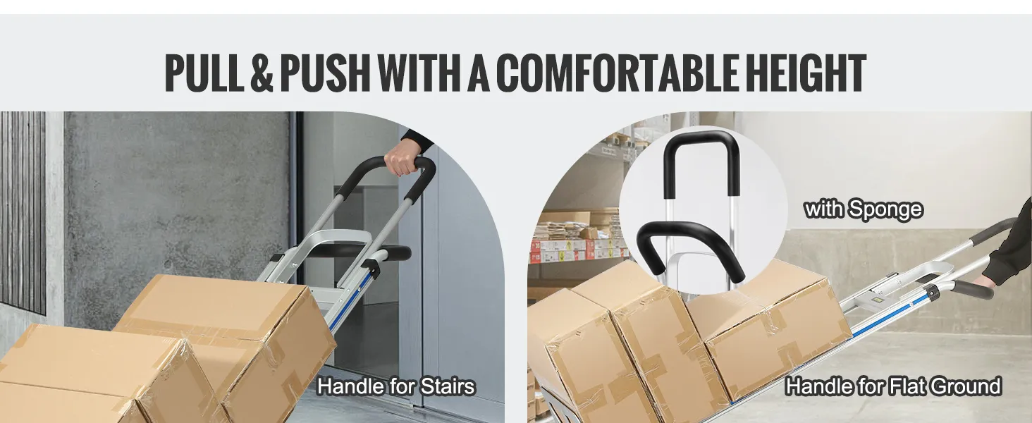 Carro sube escaleras VEVOR que transporta cajas con asas cómodas para escaleras y terreno plano.