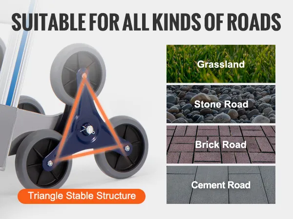 Carro sube escaleras VEVOR con estructura triangular, adecuado para caminos de pastizales, piedra, ladrillo y cemento.