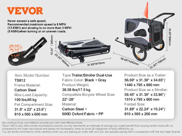 VEVOR dog bike trailer, black and gray, carbon steel frame, max load 100 lbs, folded dimensions shown.