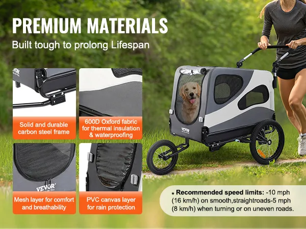 woman pushing the VEVOR dog bike trailer with durable carbon steel frame, mesh windows, and pvc cover.