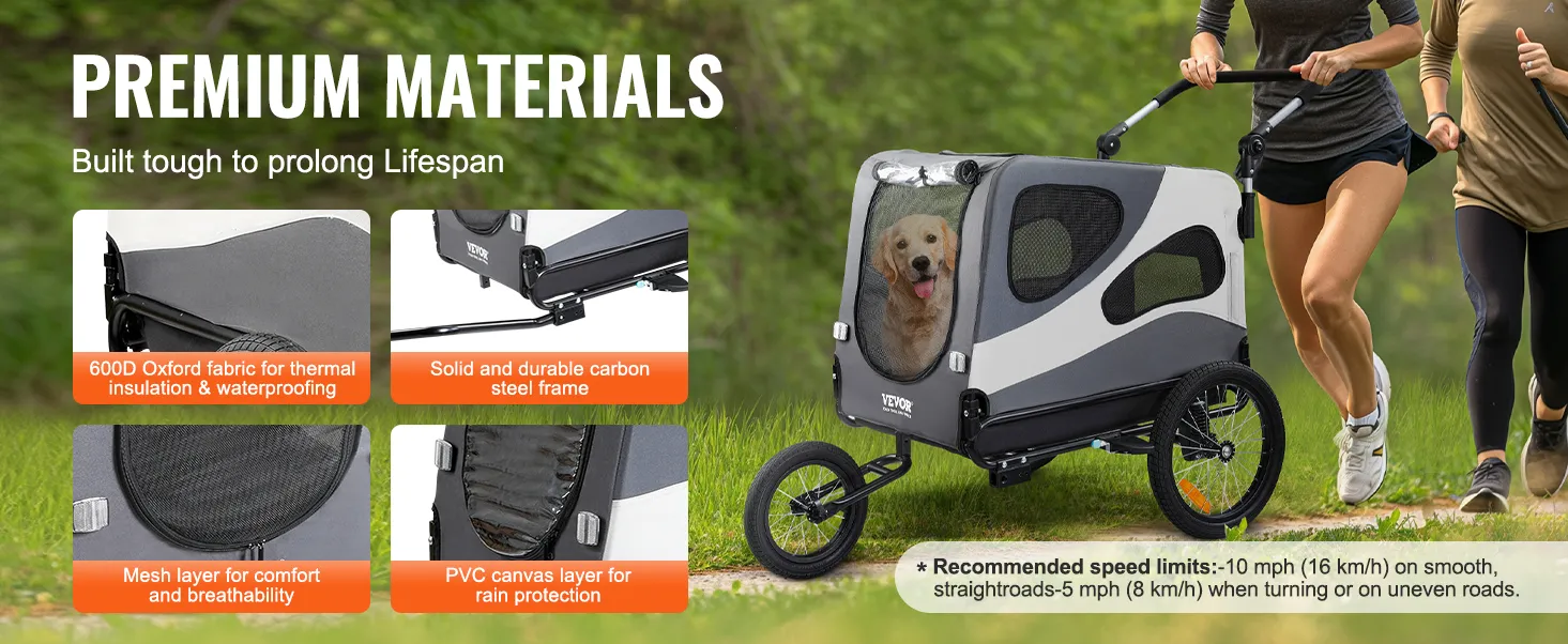 woman pushing the VEVOR dog bike trailer with durable carbon steel frame, mesh windows, and pvc cover.