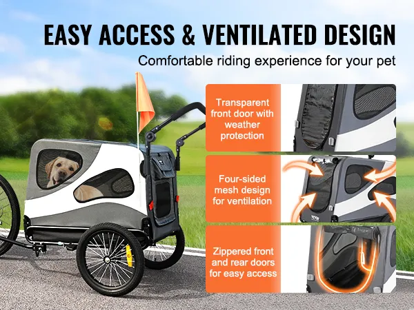 VEVOR dog bike trailer with ventilated mesh windows, easy access doors, and comfortable riding experience.