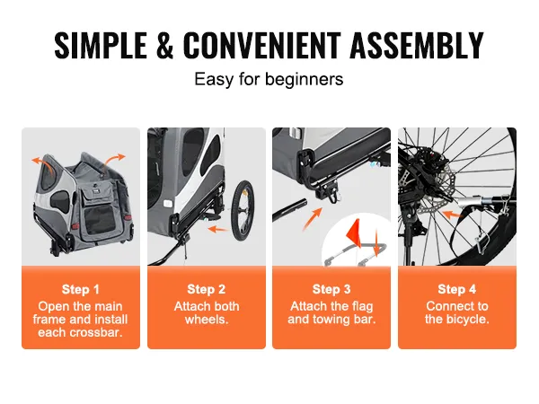 simple assembly steps for the VEVOR dog bike trailer, easy attachment and connection to the bicycle.