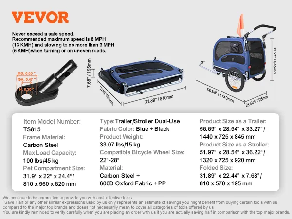 VEVOR dog bike trailer with carbon steel frame, blue and black, max load 100 lbs, dual-use as stroller.