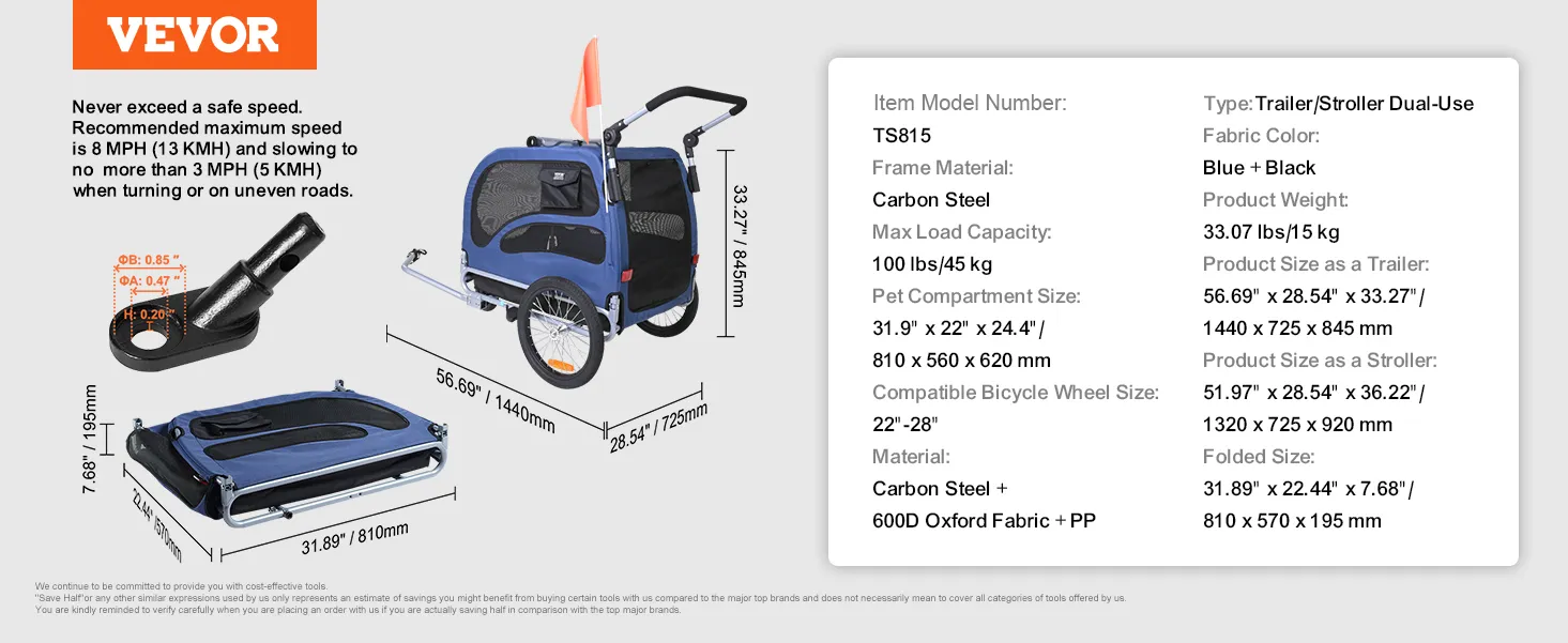 VEVOR dog bike trailer with carbon steel frame, blue and black, max load 100 lbs, dual-use as stroller.