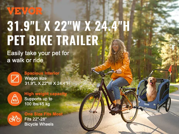 VEVOR dog bike trailer, spacious interior, high weight capacity, fits 22"-28" bicycle wheels.