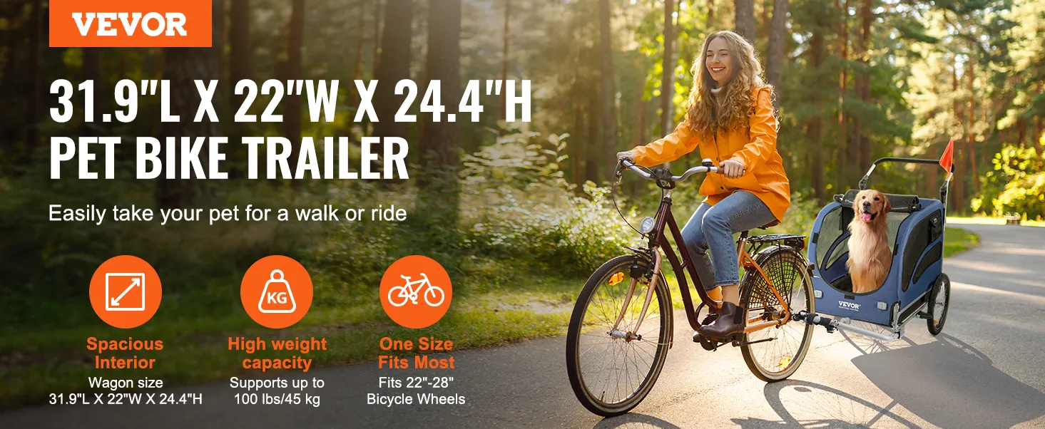 VEVOR dog bike trailer, spacious interior, high weight capacity, fits 22"-28" bicycle wheels.