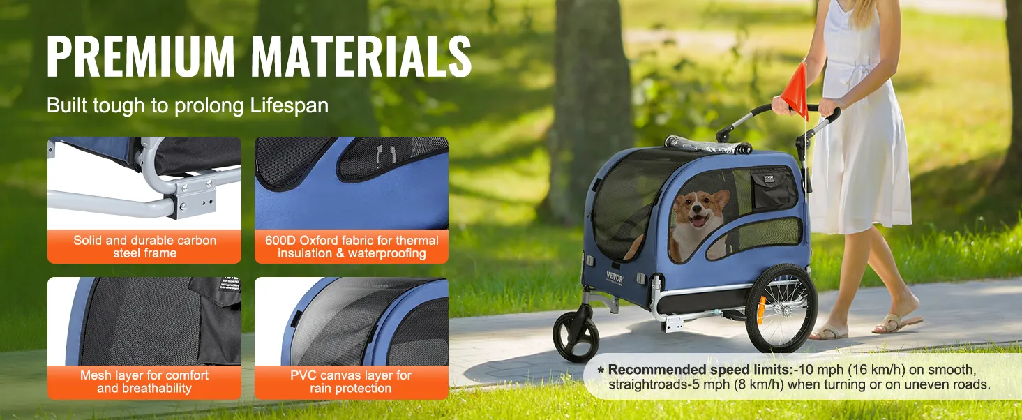 VEVOR dog bike trailer with durable carbon steel frame, 600d oxford fabric, mesh layer, and pvc cover.