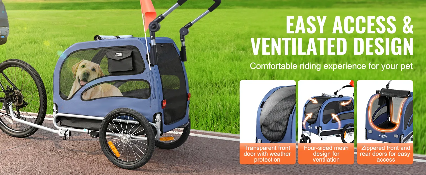 VEVOR dog bike trailer with mesh ventilation, easy access doors, and transparent weather-protection panels.