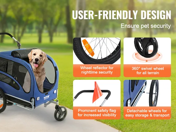golden retriever in blue VEVOR dog bike trailer, user-friendly design features wheel reflector, 360° swivel wheel, safety flag