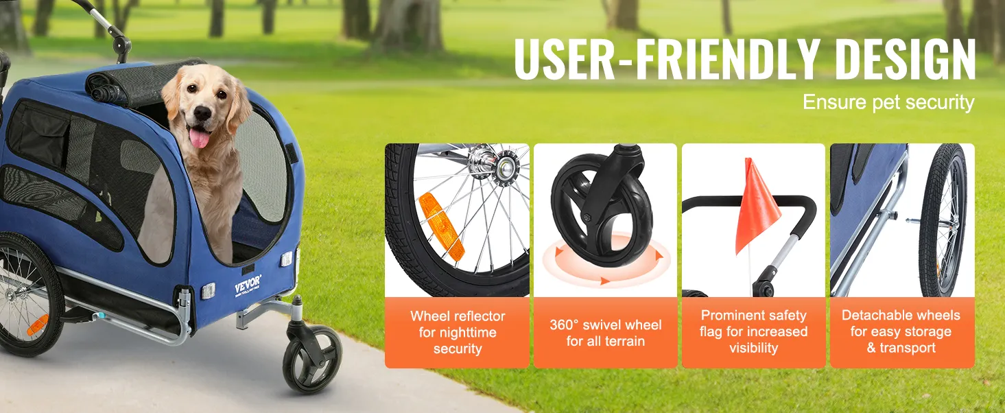 golden retriever in blue VEVOR dog bike trailer, user-friendly design features wheel reflector, 360° swivel wheel, safety flag