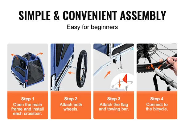 VEVOR dog bike trailer assembly steps: frame setup, wheel attachment, flag and towing bar, bike connection.