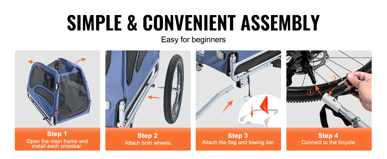 VEVOR dog bike trailer assembly steps: frame setup, wheel attachment, flag and towing bar, bike connection.