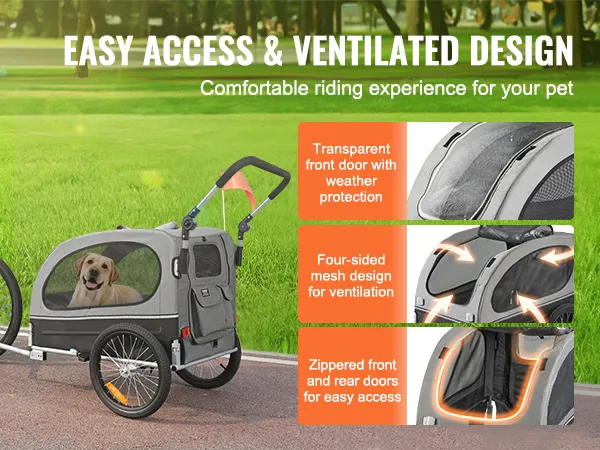 VEVOR-Fahrradanhänger für Hunde mit transparenter Vordertür, belüftetem Netzdesign und Zugangstüren mit Reißverschluss.
